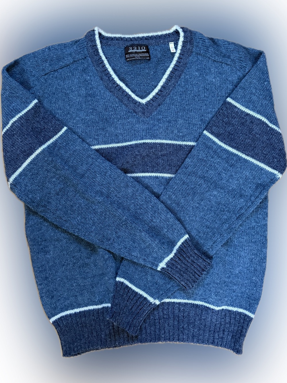 Vintage Blue Striped V Neck Knit Made in Korea Sweater Size M